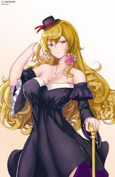 Rule 34 | 1girl, absurdres, alternate costume, black dress, blonde hair, blue eyes, boli youqing, breasts, cane, chess piece, cleavage, covered erect nipples, curly hair, detached sleeves, dress, drill hair, earrings, flower, frilled sleeves, frills, hat, highres, jewelry, large breasts, lion (warship girls r), long hair, looking at viewer, mini hat, necklace, pink flower, rose, single earring, solo, strapless, strapless dress, warship girls r, wide sleeves