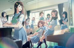 Rule 34 | 10s, 6+girls, :d, absurdres, aqua neckerchief, arms up, blue legwear, book, braid, clenched hands, crease, crossed arms, curtains, drill hair, extra, from side, green neckerchief, hair brush, hair ornament, heart, heart hair ornament, hibike! euphonium, highres, himegami kotoko, ikeda shouko, inoue shirabe, kneehighs, long hair, looking to the side, matsumoto michie, mihara kyouko, multiple girls, nakano tsubomi, neckerchief, o/, oda meiko, official art, open book, open mouth, outstretched arms, own hands together, pink neckerchief, ponytail, scan, school uniform, serafuku, shoes, short hair, short sleeves, short twintails, side braid, sitting, smile, socks, souga yoriko, standing, takahashi sari, twin drills, twintails, uwabaki, watanabe tsune, wavy hair, white legwear, window