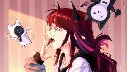 Rule 34 | 1girl, absurdres, bloom (irys), closed eyes, fangs, from side, glasses, gloom (irys), highres, hololive, hololive english, horns, irys (hololive), messy hair, open mouth, pointy ears, round eyewear, sharp teeth, tagcaat, teeth, virtual youtuber, yawning