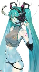 Rule 34 | 1girl, bare shoulders, black panties, blue eyes, blue hair, blue nails, breasts, cable, commentary request, fingernails, hair between eyes, hand on own hip, hand up, hatsune miku, headgear, headphones, index finger raised, long hair, looking at viewer, medium breasts, nail polish, navel, open mouth, panties, signature, simple background, skindentation, sleeveless, solo, standing, tattoo, twintails, underwear, very long hair, vocaloid, white background, yd (orange maru)