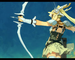 Rule 34 | 1girl, armor, arrow (projectile), back, blonde hair, blue eyes, bob (biyonbiyon), bow (weapon), bridal gauntlets, drawing bow, forehead protector, gloves, headgear, holding bow (weapon), knife, letterboxed, original, pauldrons, shoulder armor, skirt, solo, thighhighs, weapon, zettai ryouiki