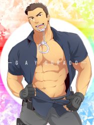 Rule 34 | 1boy, abs, bag on lap, bara, bare pectorals, belt, biceps, biting, brown hair, clothes pull, collared shirt, cuffs, fingerless gloves, gaydorado, gloves, handcuffs, highres, large pectorals, looking at viewer, male focus, male underwear, multicolored background, muscular, muscular male, navel, nipples, open clothes, open mouth, open shirt, pants, pectorals, police, police uniform, policeman, radio, shirt, shirt pull, short hair, short sleeves, smile, solo, spiked hair, teeth, text focus, thick eyebrows, tongue, underwear, uniform, yellow eyes, zifu