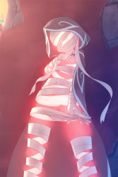 Rule 34 | 1girl, aomi mayoru, bandages, bandaged arm, bandaged hand, bandaged head, bandaged leg, bandages, cape, commentary request, covered mouth, covered navel, ethereal, ethereal lackey, facing viewer, head tilt, hearthstone, hood, hooded cape, invisible, smile, solo, warcraft, world of warcraft
