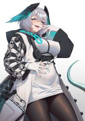 Rule 34 | 1girl, :d, aqua eyes, aqua nails, arknights, black pantyhose, breasts, coat, commentary request, dress, fangs, fingerless gloves, gloves, gradient background, grey background, grey hair, head wings, highres, ho&#039;olheyak (arknights), large breasts, long sleeves, looking at viewer, megalateo, nail polish, open clothes, open coat, open mouth, pantyhose, pencil dress, short dress, short hair, smile, solo, thighs, white background, white coat, white dress, white gloves, wings