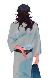 Rule 34 | 1boy, adjusting clothes, black hair, chago (aruchagos7180), unworn clothes, facing away, fate (series), feet out of frame, from behind, hair down, highres, holding, holding clothes, japanese clothes, kimono, long hair, long sleeves, male focus, obi, okada izou (fate), sash, simple background, solo, standing, white background, white kimono