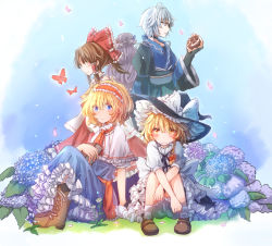 Rule 34 | 1boy, 4girls, ahoge, alice margatroid, blonde hair, bloomers, blue background, blue dress, blue eyes, blush, boots, bow, braid, bridal gauntlets, brown hair, bug, butterfly, capelet, cherry blossoms, commentary request, cross-laced footwear, daisy, detached sleeves, dress, expressionless, flower, folded ponytail, from behind, frown, glasses, hair bow, hair ribbon, hair tubes, hairband, hakurei reimu, hat, hat ribbon, hydrangea, bug, japanese clothes, kirisame marisa, leaf, loafers, lolita hairband, long hair, looking at viewer, looking away, looking down, mini-hakkero, mob cap, morichika rinnosuke, multiple girls, outdoors, patchouli knowledge, petals, profile, puffy short sleeves, puffy sleeves, purple hair, red eyes, ribbon, shoes, short hair, short sleeves, single braid, sitting, skirt, skirt set, thick eyebrows, tigern, touhou, tress ribbon, underwear, very long hair, white hair, white legwear, witch hat, yellow eyes