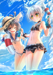 Rule 34 | 2girls, ;o, amatsukaze (kancolle), anchor, backlighting, bare arms, bikini, bikini skirt, black bikini, black choker, blue skirt, blue sky, bottle, breasts, brown hair, cameltoe, carrying over shoulder, choker, closed mouth, cloud, cloudy sky, collarbone, commentary, contrail, day, eye contact, feet out of frame, frilled bikini, frilled cuffs, frills, giving, glint, gluteal fold, gradient hair, grey hair, groin, hair between eyes, hair tie, hair tubes, hands up, hat, hat ribbon, highres, in water, jewelry, kantai collection, leaning forward, legs together, lifebuoy, long hair, looking at another, medium hair, multicolored hair, multiple girls, navel, one eye closed, open mouth, orange eyes, outdoors, ribbon, ring, sailor bikini, sailor collar, short hair with long locks, side-tie bikini bottom, sidelocks, skirt, sky, small breasts, smile, standing, straw hat, sun hat, swim ring, swimsuit, teeth, tokitsukaze (kancolle), twintails, very long hair, wading, water, water bottle, white bikini, white hair, wrist cuffs, yashiro, yellow eyes
