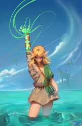 Rule 34 | 1boy, archaic set (zelda), arm tattoo, arm up, artist name, blonde hair, blue sky, charmiisan, chest tattoo, closed mouth, cloud, colored skin, green skin, highres, link, long hair, looking at viewer, magic, male focus, nintendo, ocean, pointy ears, short sleeves, single bare shoulder, sky, solo, standing, tattoo, the legend of zelda, the legend of zelda: tears of the kingdom, wading, water