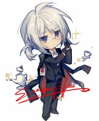 Rule 34 | 1girl, adjusting clothes, black coat, black footwear, black gloves, black pants, black vest, butler, chibi, closed mouth, coat, coat on shoulders, collared shirt, cross tie, cup, faust (project moon), female butler, full body, g7cdpdto2i6hot6, gloves, limbus company, low ponytail, monocle, pants, plate, project moon, sample watermark, shirt, shoes, short hair, simple background, solo, sparkle, teacup, teapot, vest, watermark, white background, white shirt