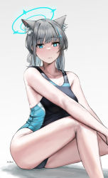 Rule 34 | 1girl, absurdres, ai-bon, animal ear fluff, animal ears, artist name, bare legs, black one-piece swimsuit, blue archive, blue eyes, blush, breasts, closed mouth, collarbone, competition swimsuit, cross hair ornament, feet out of frame, grey hair, hair ornament, halo, highres, legs, long hair, looking at viewer, medium breasts, multicolored clothes, multicolored swimsuit, one-piece swimsuit, shiroko (blue archive), simple background, sitting, solo, swimsuit, thighs