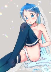 Rule 34 | 1girl, :o, adjusting clothes, adjusting legwear, bare shoulders, blue eyes, blue hair, blue thighhighs, blush, collarbone, commentary request, gradient hair, kantai collection, knee up, long hair, multicolored hair, open mouth, panties, samidare (kancolle), solo, swept bangs, thighhighs, topless, underwear, underwear only, very long hair, white panties, yokoshima (euphoria)