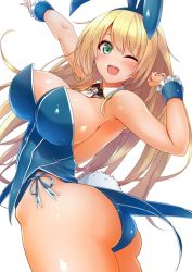Rule 34 | 10s, 1girl, adapted costume, agarwood, animal ears, ass, atago (kancolle), bare shoulders, blonde hair, blush, breasts, rabbit ears, rabbit tail, detached collar, fake animal ears, green eyes, hip bones, kantai collection, large breasts, leotard, long hair, looking at viewer, neckerchief, one eye closed, open mouth, outstretched arm, playboy bunny, sideboob, simple background, smile, solo, tail, white background, wrist cuffs