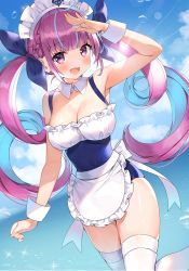 Rule 34 | 1girl, adapted costume, ahoge, apron, arm up, armpits, ayamy, bare shoulders, breasts, cleavage, cloud, colored inner hair, day, detached collar, frilled swimsuit, frills, highres, hololive, large breasts, leg up, long hair, looking at viewer, maid, maid apron, maid headdress, maid one-piece swimsuit, minato aqua, multicolored hair, one-piece swimsuit, outdoors, purple eyes, purple hair, shading eyes, skindentation, sky, solo, streaked hair, sunlight, swimsuit, thighhighs, thighs, twintails, two-tone hair, unconventional maid, very long hair, virtual youtuber, waist apron, white thighhighs, wrist cuffs