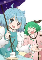 Rule 34 | 2girls, ahoge, animal ears, blue eyes, blue hair, clenched hands, closed eyes, commentary request, dress, green hair, hand up, heterochromia, juliet sleeves, kasodani kyouko, long sleeves, looking at viewer, multiple girls, oil-paper umbrella, open hand, open mouth, puffy sleeves, red eyes, short hair, simple background, skirt, skirt set, tatara kogasa, touhou, umbrella, white background, yuzuna99