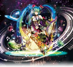 Rule 34 | 1girl, album cover, aqua hair, black thighhighs, bow, cover, detached collar, detached sleeves, dress, electric guitar, gradient hair, green eyes, guitar, hair bow, hatsune miku, headphones, headset, highres, instrument, long hair, mikimoto haruhiko, multicolored hair, musical note, strapless, strapless dress, thighhighs, twintails, very long hair, vocaloid, wedge heels