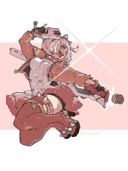 Rule 34 | 1girl, ahoge, aqua eyes, boots, bracelet, breasts, clover, collar, dress, elphelt valentine, four-leaf clover, frilled dress, frills, guilty gear, guilty gear strive, gun, hairband, highres, holding, holding gun, holding microphone, holding weapon, huge ahoge, jacket, jewelry, leopold65107856, long sleeves, looking to the side, microphone, open mouth, pink dress, pink footwear, pink hairband, pink jacket, sideboob, smile, spiked bracelet, spiked collar, spiked hairband, spikes, thigh boots, two-tone dress, weapon, white dress, white hair