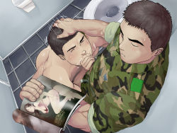 Rule 34 | 2boys, against wall, bara, bathroom, bisexual male, blush, brown hair, cum, cum in mouth, drooling, fellatio, hand on head, magazine (object), male focus, multiple boys, muscular, oral, saliva, soldier, sweat, toilet, wince, winemvee, yaoi