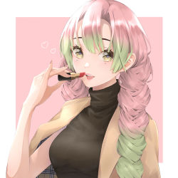 Rule 34 | 1girl, alternate costume, bad id, bad pixiv id, blush, border, braid, breasts, cleavage, commentary request, cosmetics, female focus, gradient hair, green eyes, green hair, jacket, jacket on shoulders, kanroji mitsuri, kimetsu no yaiba, large breasts, lips, lipstick, lipstick tube, long hair, long sleeves, looking at viewer, makeup, mole, mole under eye, multicolored hair, nail polish, open mouth, outside border, pink background, pink hair, pink nails, red lips, lipstick tube, ribbed sweater, smile, solo, sweater, teeth, toffee paint, turtleneck, turtleneck sweater, upper body, upper teeth only, white border