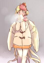 Rule 34 | 1girl, animal, animal on head, bird, bird on head, bird wings, blonde hair, blush, breath, chick, coat, dress, feathered wings, feet out of frame, grey background, long sleeves, mittens, multicolored hair, niwatari kutaka, on head, orange dress, pantyhose, rangycrow, red eyes, red hair, red scarf, scarf, short hair, simple background, solo, touhou, two-tone hair, white coat, white pantyhose, wings, yellow mittens, yellow wings