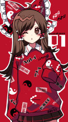 Rule 34 | 1girl, ;o, ahoge, alternate costume, brown hair, commentary request, cowboy shot, frilled hair tubes, frills, hair tubes, hakurei reimu, highres, kyouda suzuka, long hair, looking at viewer, one eye closed, red background, red sweater, simple background, solo, sweater, swept bangs, touhou