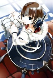Rule 34 | 1girl, absurdres, blue eyes, boots, brown hair, female focus, from above, fur, girl&#039;s avenue, headphones, highres, houden eizou, knee boots, looking back, looking up, megami magazine, non-web source, short hair, sitting, skirt, solo