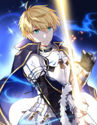 Rule 34 | 1boy, aqua eyes, armor, arthur pendragon (fate), arthur pendragon (maerchen maedchen), blonde hair, blue background, cape, closed mouth, fate/grand order, fate (series), frown, holding, holding sword, holding weapon, looking at viewer, male focus, pingo, short hair, solo, sword, upper body, weapon