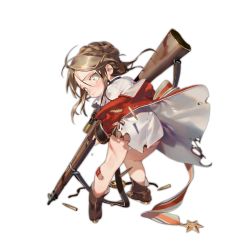 Rule 34 | 1girl, aged down, blush, bolt action, boots, braid, brown footwear, brown hair, character name, closed mouth, coat, copyright name, dress shirt, from behind, full body, girls&#039; frontline, green eyes, gun, hair between eyes, holding, holding gun, holding weapon, kneepits, lee-enfield, lee-enfield (girls&#039; frontline), lee-enfield (onion shooter) (girls&#039; frontline), long hair, looking at viewer, looking back, medal, military, military uniform, official alternate costume, official art, rei (sanbonzakura), rifle, shadow, shell casing, shirt, sidelocks, solo, torn clothes, torn shirt, transparent background, uniform, wavy mouth, weapon