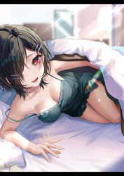 Rule 34 | absurdres, bare legs, bed, bed sheet, bedroom, black hair, blurry, blurry background, blush, bokeh, breasts, cleavage, collarbone, come hither, depth of field, fang, green nightgown, hair ornament, hair over one eye, hairclip, highres, lens flare, light particles, light rays, looking at viewer, medium breasts, mole, mole under eye, nightgown, off shoulder, open mouth, original, red eyes, round eyewear, short hair, smile, strap slip, thighs, under covers, yufou
