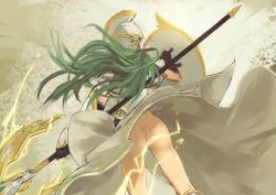 Rule 34 | 1girl, ass, athena (p&amp;d), censored, convenient censoring, dress, from behind, green hair, helmet, no panties, polearm, puzzle &amp; dragons, shield, solo, spear, totteri, weapon, wind, wind lift