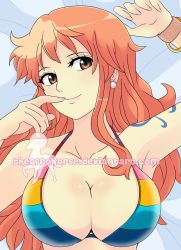 Rule 34 | 1girl, arms up, artist request, bangle, bikini, bracelet, breasts, brown eyes, cleavage, collarbone, earrings, eyebrows, eyelashes, finger to mouth, from above, head tilt, jewelry, large breasts, log pose, long hair, lying, nami (one piece), on back, one piece, one piece film: z, orange hair, red hair, shiny skin, smile, solo, striped, swimsuit, tattoo, theafrohorse, upper body, watermark, web address, web address without path