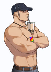 Rule 34 | 1boy, abs, absurdres, bara, baseball cap, belt, between pectorals, black hair, crossed arms, denim, facial hair, from side, grey hair, hat, highres, jeans, koji (wildlhz), large pectorals, lgbt pride, looking at viewer, male focus, mature male, muscular, muscular male, navel, navel hair, nipples, object on pectorals, original, pants, pectoral press, pectorals, rainbow gradient, topless male, short hair, sideburns, solo, stomach, stubble, wristband