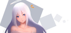 Rule 34 | 1girl, angel wings, bare shoulders, blue eyes, closed mouth, collarbone, expressionless, grey background, halo, highres, long hair, looking at viewer, original, portrait, shimmer, solo, strapless, two-tone background, upper body, white hair, wings