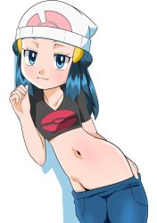 Rule 34 | 1girl, beanie, blue eyes, blue hair, breasts, clothes pull, creatures (company), crop top, curvy, dawn (pokemon), female focus, game freak, hainchu, hat, hip focus, looking at viewer, midriff, naughty face, navel, nintendo, no panties, pants, pants pull, pokemon, pokemon (anime), pokemon dppt (anime), seductive smile, simple background, small breasts, smile, white background, white hat