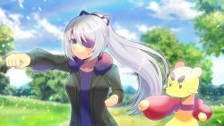 Rule 34 | 1girl, black shirt, blue eyes, blue sky, blurry, blurry background, clenched hands, closed mouth, cloud, commission, creatures (company), day, depth of field, eyepatch, fur-trimmed jacket, fur trim, game freak, gen 5 pokemon, green jacket, grey hair, hair between eyes, jacket, kou hiyoyo, long hair, long sleeves, mienfoo, nintendo, open clothes, open jacket, original, outdoors, outstretched arm, pokemon, pokemon (creature), ponytail, puffy long sleeves, puffy sleeves, shirt, skeb commission, sky, smile, standing, v-shaped eyebrows, very long hair