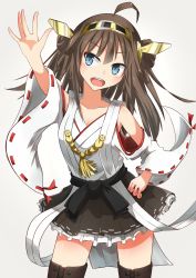 Rule 34 | 10s, 1girl, :d, ahoge, armpits, blue eyes, boots, brown hair, detached sleeves, frilled skirt, frills, hairband, highres, japanese clothes, kantai collection, kongou (kancolle), long hair, nontraditional miko, open mouth, personification, ribbon-trimmed sleeves, ribbon trim, skirt, smile, solo, sune (mugendai), suneo, thigh boots, thighhighs, wide sleeves