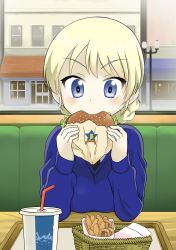 Rule 34 | 10s, 1girl, basket, bench, black necktie, blonde hair, blue eyes, blue sweater, braid, burger, closed mouth, commentary request, condensation, cup, darjeeling (girls und panzer), disposable cup, dress shirt, drinking straw, eating, elbow rest, emblem, food, girls und panzer, go yasukuni, highres, holding, holding food, indoors, lettuce, long sleeves, looking at viewer, necktie, onion rings, potato wedges, saunders (emblem), school uniform, shirt, short hair, sitting, solo, sweater, tray, twin braids, v-neck, v-shaped eyebrows, white shirt, window, wrapper