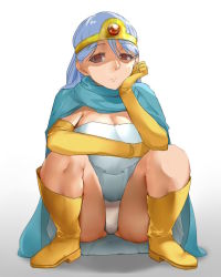 Rule 34 | 1girl, bakkanki, blue hair, boots, breasts, cape, circlet, closed mouth, commentary request, dragon quest, dragon quest iii, dress, elbow gloves, gloves, large breasts, long hair, looking at viewer, panties, pantyshot, red eyes, sage (dq3), simple background, solo, @ @, squatting, underwear, white background
