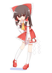Rule 34 | 1girl, angry, ascot, bare shoulders, blush, bow, brown eyes, brown hair, collar, collared shirt, detached sleeves, frilled bow, frilled hair tubes, frills, gohei, hair bow, hair tubes, hakurei reimu, hand on own hip, highres, japanese clothes, kneehighs, long hair, looking at viewer, mary janes, miko, nihohohi, nontraditional miko, open mouth, red bow, red footwear, red shirt, red skirt, ribbon-trimmed sleeves, ribbon trim, shirt, shoes, sidelocks, simple background, skirt, skirt set, sleeveless, socks, solo, touhou, white background, white collar, white socks, wide sleeves, yellow ascot