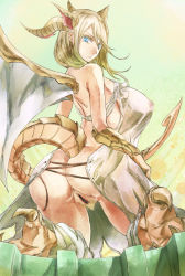 Rule 34 | 1girl, ass, bad id, bad pixiv id, blonde hair, blue eyes, breasts, censored, claws, covered erect nipples, dragon girl, dragon horns, dragon tail, dragon wings, female pubic hair, horns, kneeling, large breasts, miru (p&amp;d), myr (p&amp;d), nipples, pubic hair, pussy, puzzle &amp; dragons, see-through, solo, tail, wings, yohane