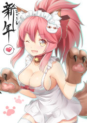 Rule 34 | 10s, 1girl, 2016, animal ears, animal hands, apron, bell, breasts, cleavage, collar, collarbone, fang, fate/grand order, fate (series), female focus, fox ears, fox tail, gloves, hair ribbon, heart, large breasts, long hair, looking at viewer, maid headdress, naked apron, neck bell, one eye closed, open mouth, paw gloves, pink hair, ribbon, sandarumi, solo, speech bubble, tail, tamamo (fate), tamamo cat (fate), tamamo cat (third ascension) (fate), tamamo no mae (fate/extra), thighhighs, white thighhighs, yellow eyes