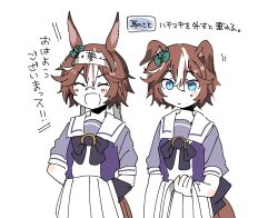 Rule 34 | 1girl, animal ears, arm at side, arms behind back, bamboo memory (umamusume), blue eyes, blush stickers, bow, bowtie, brown hair, closed mouth, ear bow, ears down, hair between eyes, hand up, headband, highres, holding headband, horse ears, horse girl, horse tail, iris league, motion lines, multicolored hair, multiple views, open mouth, purple shirt, sailor collar, school uniform, shirt, short hair, short sleeves, skirt, streaked hair, tail, tracen school uniform, translation request, umamusume, white skirt