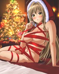 Rule 34 | 1girl, absurdres, amagi brilliant park, antenna hair, areola slip, bdsm, bloskai, blush, bondage, bound, breast press, breasts, christmas, christmas tree, covered erect nipples, female focus, highres, large breasts, light brown hair, long hair, looking at viewer, navel, nude, open mouth, sento isuzu, sitting, solo, yellow eyes