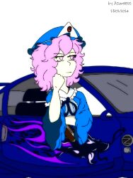 Rule 34 | 1girl, artist name, blue hat, car, dated, ghost girl, hand up, hat, highres, motor vehicle, nissan, nissan 350z, nissan fairlady z, non-web source, purple hair, saigyouji yuyuko, solo, touhou, white background