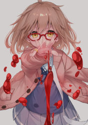 Rule 34 | 1girl, absurdres, ahoge, black ribbon, blue vest, brown eyes, brown hair, brown jacket, collared shirt, commentary request, eyebrows hidden by hair, glasses, glint, grey background, grey skirt, hair between eyes, hashiko nowoto, hemokinesis, highres, jacket, jewelry, kuriyama mirai, kyoukai no kanata, long hair, neck ribbon, open clothes, open jacket, outstretched arm, pleated skirt, red-framed eyewear, ribbon, ring, school uniform, shirt, simple background, skirt, solo, v-shaped eyebrows, vest, white shirt