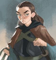 Rule 34 | a song of ice and fire, absurdres, arya stark, blue eyes, brown hair, game of thrones, highres, ramon nunez, rapier, solo, sword, weapon