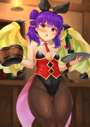 Rule 34 | 1girl, alcohol, alternate costume, black leotard, black ribbon, blush, bottle, breasts, brown pantyhose, commission, cup, daichi (tokoya), detached collar, dragon girl, dragon wings, drinking glass, fire emblem, fire emblem: the sacred stones, green wings, hair ribbon, highres, indoors, leotard, long hair, looking at viewer, mug, multi-tied hair, myrrh (fire emblem), nintendo, open mouth, pantyhose, playboy bunny, purple hair, red eyes, red neckwear, ribbon, skeb commission, small breasts, solo, thigh gap, tray, twintails, wine, wings, wristband
