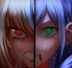 Rule 34 | 2girls, absurdres, bleeding, blood, blood from mouth, bruise, bruise on face, chii (chicritro), close-up, crying, dirty, eye focus, eye reflection, eyelashes, green eyes, highres, hololive, injury, multiple girls, portrait, rain, red eyes, reflection, scratches, shiranui flare, shirogane noel, split screen, virtual youtuber, water