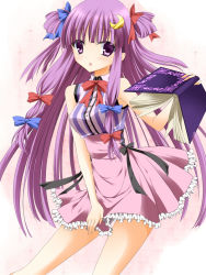 Rule 34 | 1girl, adapted costume, alternate hairstyle, bad id, bad pixiv id, book, bow, crescent, crescent hair ornament, female focus, hair bow, hair ornament, highres, long hair, multi-tied hair, open mouth, patchouli knowledge, purple eyes, purple hair, shisui (kachoufuugetsu), sleeveless, solo, touhou, twintails, two side up