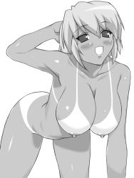 Rule 34 | 1girl, all fours, arched back, bikini tan, blush, breasts, greyscale, hanging breasts, huge breasts, kotonomiya yuki, looking at viewer, monochrome, nipples, nude, open mouth, shichimenchou, short hair, simple background, solo, suigetsu, tan, tanline