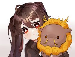 Rule 34 | 1girl, :&lt;, aged down, ahoge, brown hair, chinese clothes, commentary request, hugging doll, dragon, eastern dragon, genshin impact, hair between eyes, head tilt, hu tao (genshin impact), long hair, long sleeves, looking at viewer, miyako draw, hugging object, orange eyes, rex lapis (genshin impact), sidelocks, simple background, solo, stuffed animal, stuffed dragon, stuffed toy, symbol-shaped pupils, twintails